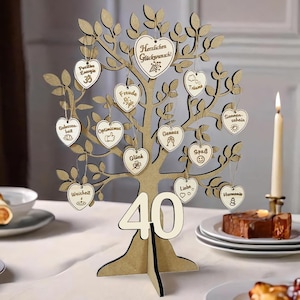 Lebensbaum 40. Geburtstag mit 17 gravierten Wünsche-Herzchen, Holzkarte - Geschenk u. Deko für Mann & Frau, auch als Geldgeschenk