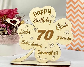 Glücks-Kleeblatt 70. Geburtstag als Geschenk Mann o. Frau zum Geburtstag - Aus Holz gelasert mit gravierten lieben Wünschen +  Zahl, ca.14cm