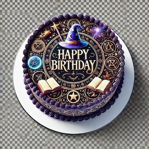 Könnte beinhalten: Ein lila und goldener Geburtstagskuchen mit einem Zaubererhut und den Worten "Happy Birthday" oben drauf. Der Kuchen ist mit einem magischen Thema verziert, darunter Sterne, Bücher und ein Zauberstab.