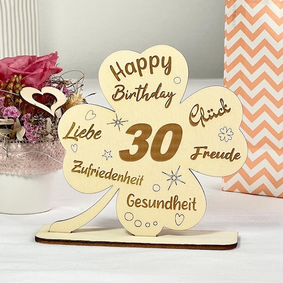Geschenk 30. Geburtstag Mann u. Frau, Aufsteller Zahlendeko Geldgeschenk, Kleeblatt Holz natur mit gravierten lieben Wünschen & Fuß, 14x14cm