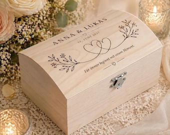 Cofre del tesoro personalizado para bodas con grabado | Cofre de madera para regalos en efectivo con nombres y fecha | Cofre del tesoro en 3 tamaños y 6 diseños