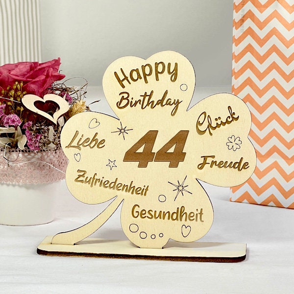 Glücks-Kleeblatt 44. Geburtstag Happy Birthday als Geschenk Idee u. Geburtstagsdeko, Holz mit gravierten lieben Wünschen, Geldgeschenk