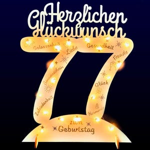 Cadeau d'anniversaire 77ème numéro de décoration XXL numéro 77 avec guirlande lumineuse LED en bois avec gravure des plus beaux vœux + support