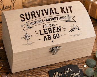 Scrigno del tesoro per il 60° compleanno: Kit di sopravvivenza con equipaggiamento di emergenza | Regalo divertente con incisione | Scatola di legno personalizzata | 2 misure (contenuto non incluso)