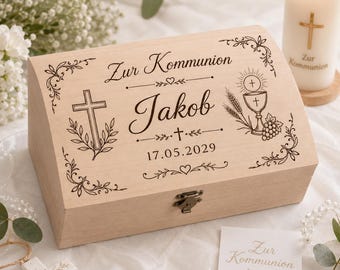 Personalisierte Schatztruhe Kommunion Erstkommunion | Geldgeschenk Holzbox Gravur Name & Datum | Erinnerungsbox Junge und Mädchen | Geschenk