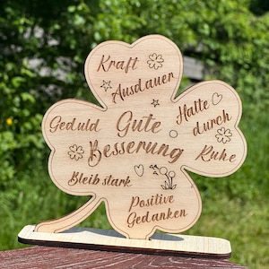 Guarisci presto, auguri di guarigione, regalo per uomini e donne - foglia di trifoglio portafortuna, legno naturale con auguri d'amore incisi - tutto il meglio