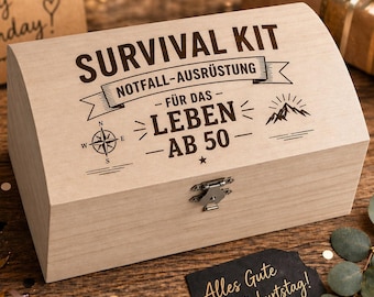 Cofre del tesoro para el 50 cumpleaños: Kit de supervivencia y equipo de emergencia | Regalo divertido con grabado | Caja de madera personalizada | 2 tamaños (contenido no incluido)