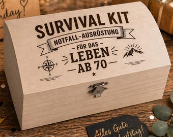 Scrigno del tesoro per il 70° compleanno: Kit di sopravvivenza con equipaggiamento di emergenza | Regalo divertente con incisione | Scatola di legno personalizzata | 2 misure (contenuto non incluso)