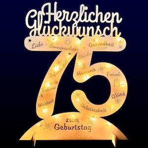 75. Geburtstag Geschenk Aufsteller Zahlendeko XXL Zahl 75 mit LED Lichterkette aus Holz mit Gravur der schönsten Wünsche + Standfuß
