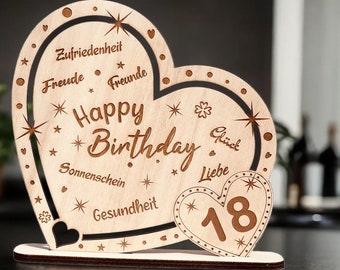 Kunstvoll graviertes Holz-Herz 18. Geburtstag, Geschenk & Deko "Happy Birthday" mit persönlichen Wünschen wie Gesundheit, Glück, Liebe usw.