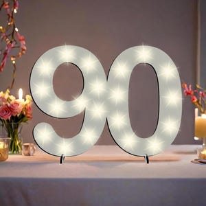 Leuchtende Zahl 90. Geburtstag XXL, Geschenk & Deko zum Beschriften, Aufstellen oder Hängen, Holz Weiß inkl. LED Lichterkette, 3 Größen
