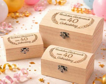 Treasure Chest for 40th Birthday - Beautifully engraved treasure chest in 3 sizes & 12 designs for cash gifts, jewelry, vouchers, and wish notes.