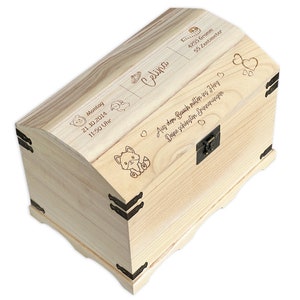 Baby memory chest, box, crate with engraving of birth dates, zodiac sign and desired text - Large chest with rounded lid & fittings
