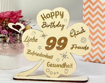 Lucky klaverblad 99e verjaardag Happy Birthday als cadeau en verjaardagsdecoratie, hout gelaserd met gegraveerde lieve wensen, geldcadeau