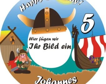 Tortenbild Tortenaufleger Wikinger Geburtstag auf Zuckerguss-Papier mit Name, Alter u. Bild, gestanzt & Hochglanzlack