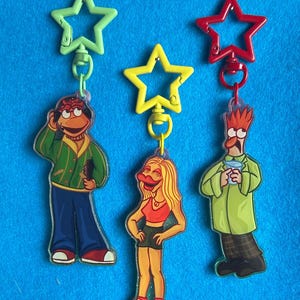 May include: Three character keychains with star-shaped clasps. The characters are cartoon figures with distinct outfits and expressions. The clasps are green, yellow, and red. The background is a solid blue.