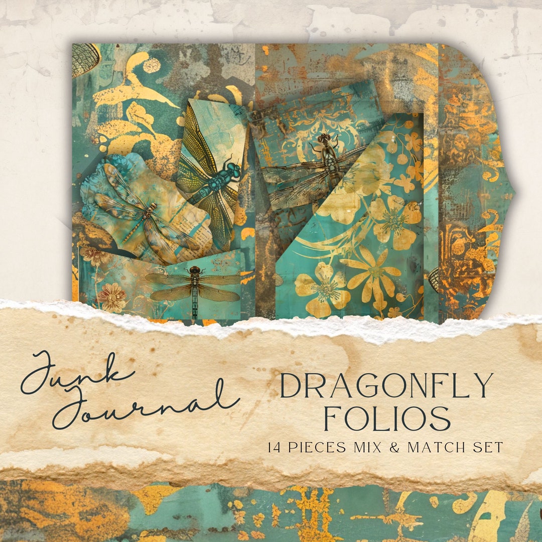 Junk Journal Dragonfly Folio | Teal and Gold Junk Journal | Teal and ...