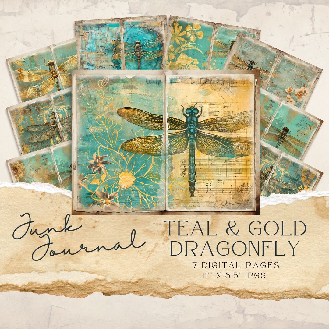 Teal and Gold Junk Journal Kit | Dragonfly Digital Pages | Teal and ...