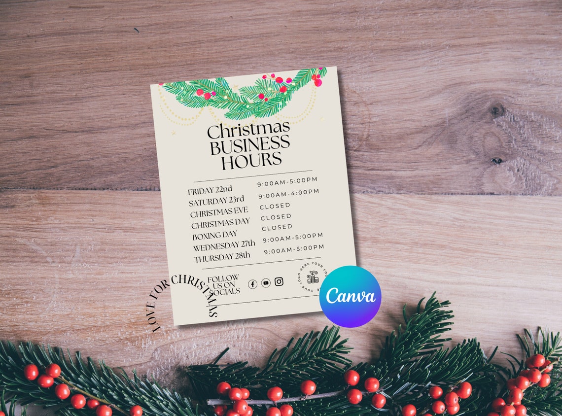 Holiday Store Hours Template, Christmas Business Hours, Christmas