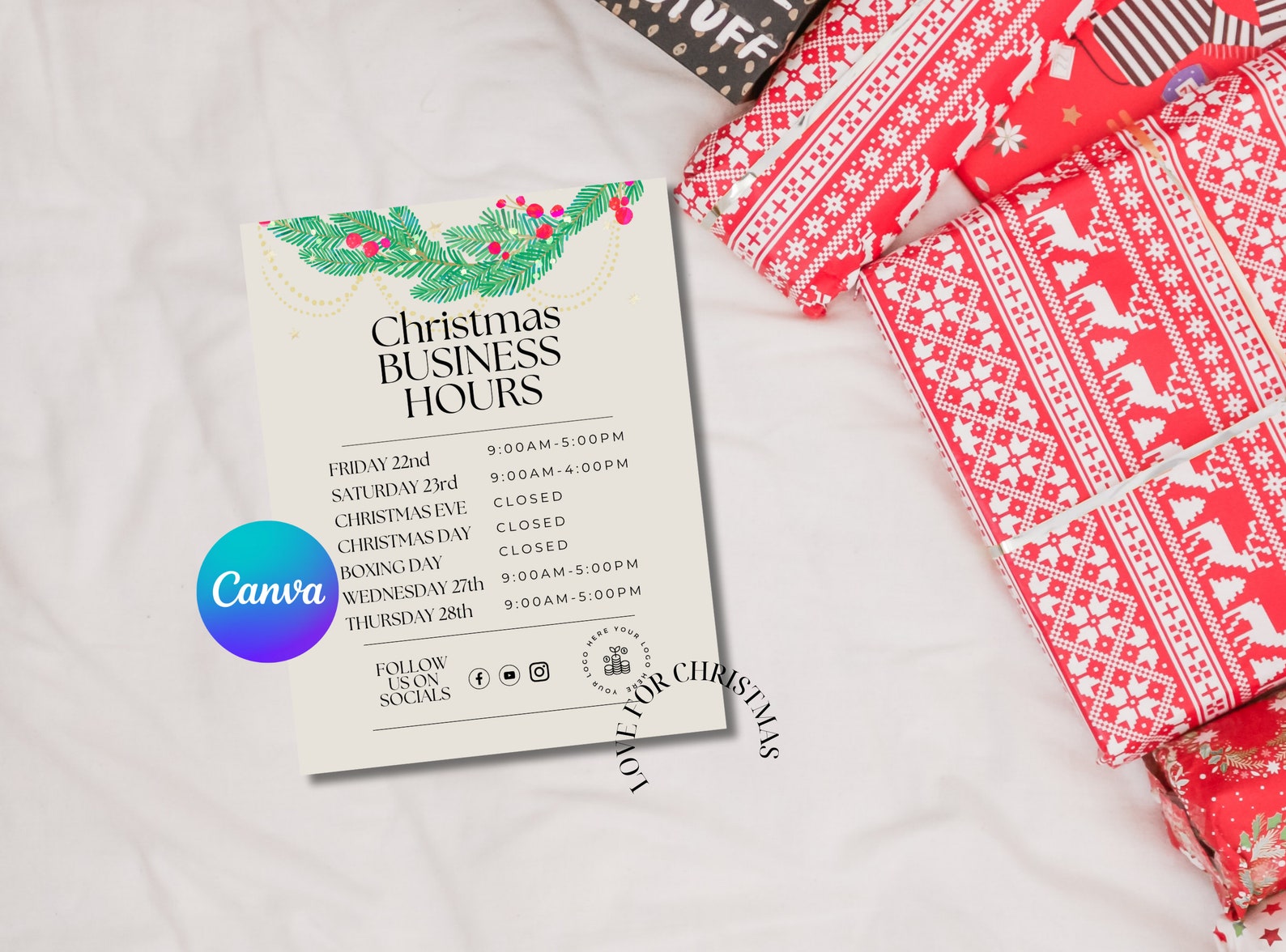 Holiday Store Hours Template, Christmas Business Hours, Christmas