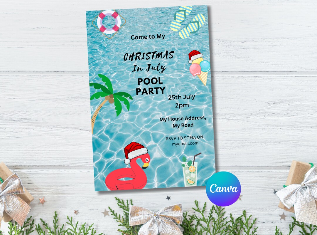 Christmas in July Pool Party, Christmas in July Invite Canva, Tropical