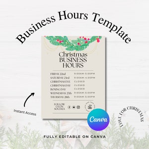 Holiday Store Hours Template, Christmas Business Hours, Christmas opening times, Christmas Business Printable, opening hours sign editable,