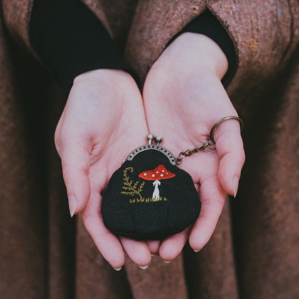 Small linen purse hand embroidered, toadstool, amanita shrooms, black vintage keychain