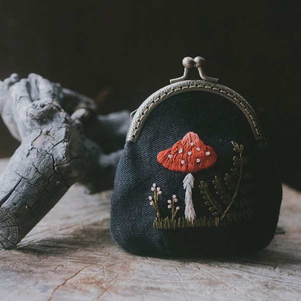 Black Hand embroidered linen purse, small handbag with toadstool fern shrooms motifs, wild vintage clutch bag, witch natural wallet