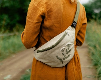 Hand Embroidered Belly Bag, Fanny pack with yarrow and meadow motifs, Linen Hip pack