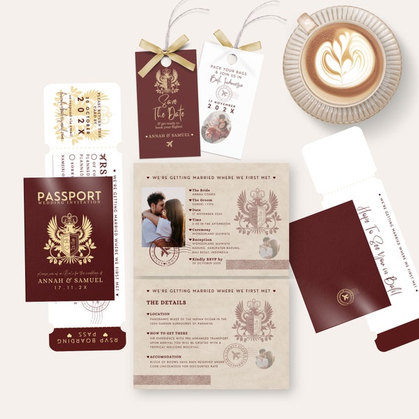 DESTINATION HOCHZEIT Pass Invite, Burgundy Passport Einladung Vorlage, RSVP Bordkarte, Save The Date Bag Tag, Canva Digital Templet