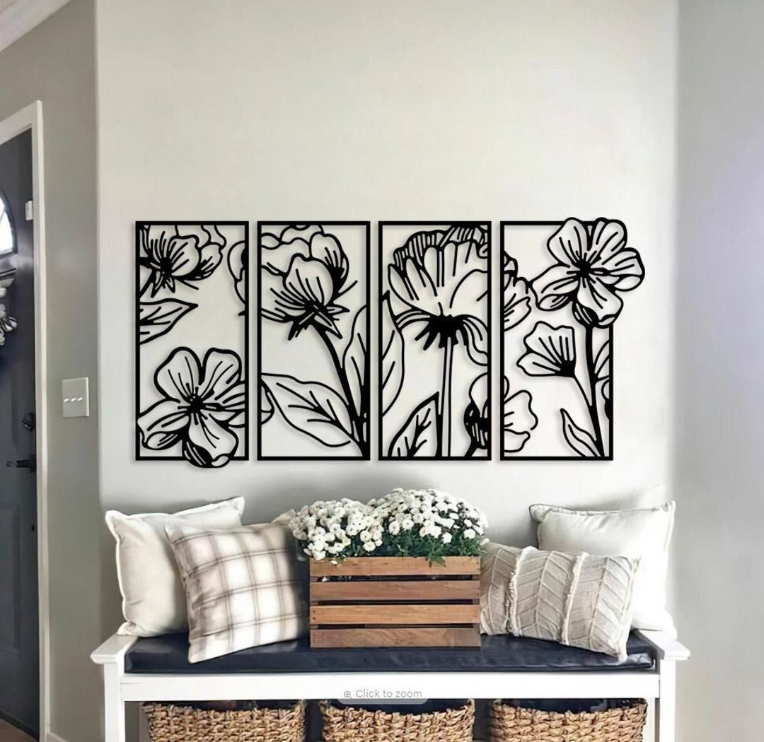 Metal Flowers Wall Art Metal Wall Decor Flowers 4 Panels Etsy
