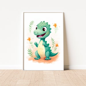 Lámina imprimible infantil de adorable dinosaurio verde