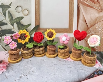 Handgemachter gehäkelter Blumentopf-Sonnenblume/Rose/Tulpe/Pflaumenblüte/herzförmige Blume-Häkeln Topfpflanzen-Ewige Blume-Geschenk für sie