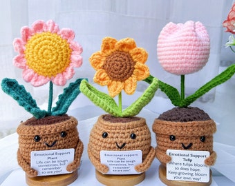 Plantas en macetas de girasol/margarita/tulipán de ganchillo hechas a mano-Planta de apoyo emocional-Regalo del Día de la Madre-Decoración de escritorio de flores de ganchillo-Regalos de aliento