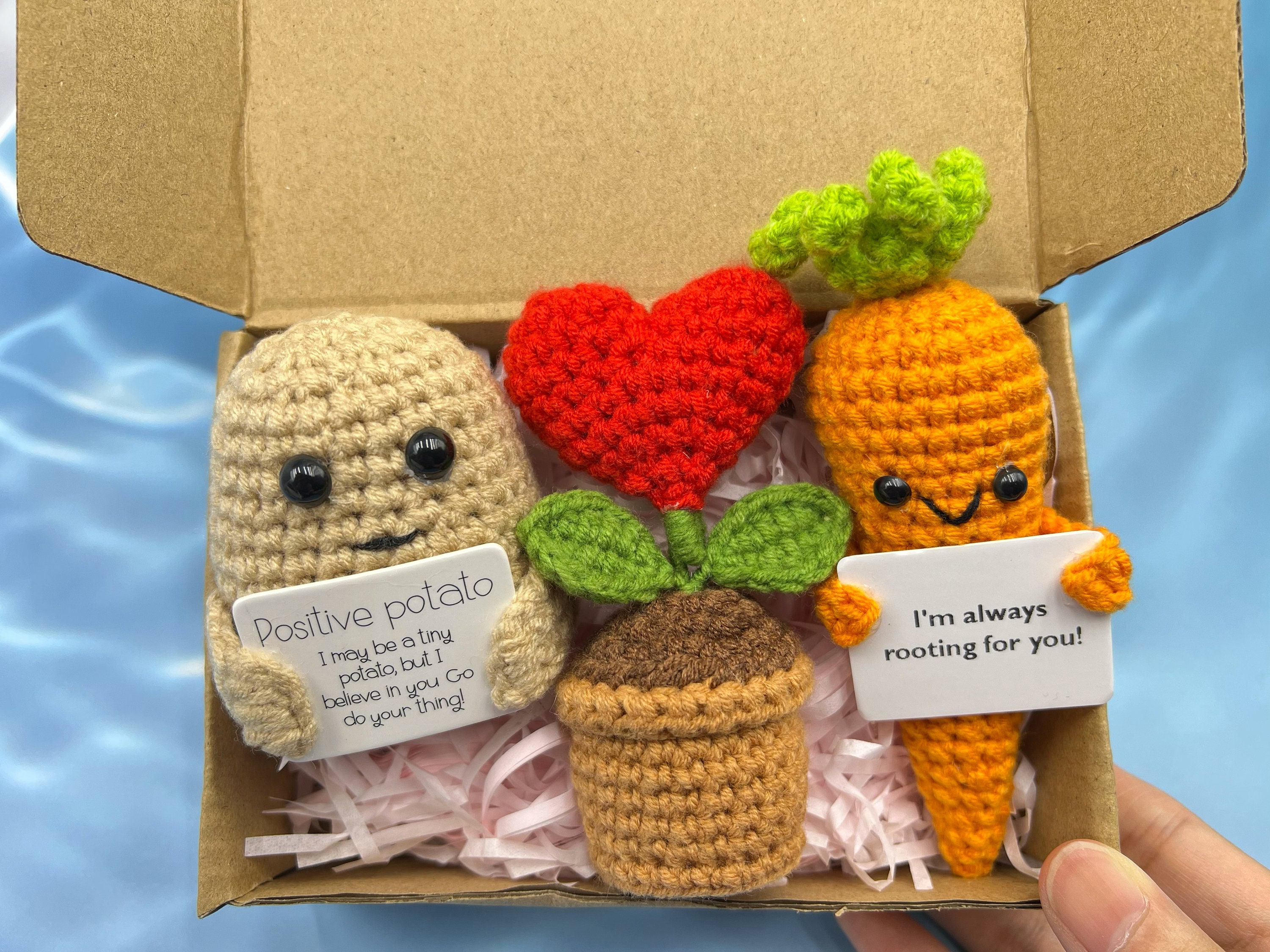 Custom Crochet Positive Potato/rooting for You Carrot With Crochet Heart  Pot, Desk Accessory,handmade Knitted Positive Carrot,cheering Gift 