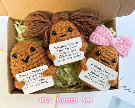 3PCS Positive Potato Set Gift-handmade Unique Creative Potatoes-crochet  Potato With Pink Bow-gift for Her/bestfriend-crochet Desk Buddy 