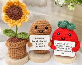 3PCS Mother's Day Gifts Set-Handmade Crochet Tomato and Beans with Warmming Sunflower-Love Gifts for Mom-Gift for new Mum-Crochet Desk Decor