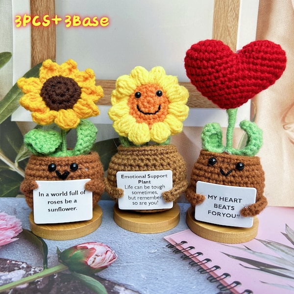 Handmade Crochet Sunflower/Red Heart Potted Plant with Positive Quote-Emotional Support Plant-Desk Plant Decor-Mother’s Day Gift for her