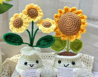 Apoyo emocional Planta Escritorio Decoración Regalo-Crochet Girasol Planta en maceta-Reflexivo Día de las Madres Regalo-Lindo Regalo para Mejor Amigo/Colega/Familia