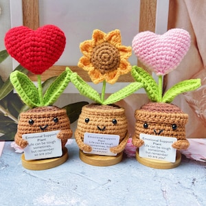 Handmade Crochet Sunflower Potted and Heart-shaped Potted-Emotional Support Plant-Crochet Flower Decor-Gift for Friends-Encouragement Gifts