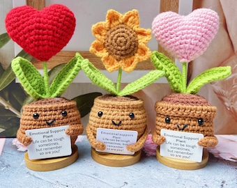 Girasol de ganchillo hecho a mano en maceta y en forma de corazón en maceta-Planta de apoyo emocional-Decoración de flores de ganchillo-Regalo para amigos-Regalos de aliento