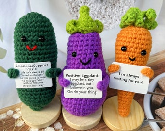 Crochet Emotional Support Pickle,Caring Carrot with Positive Eggplant-Handmade Knitted Healthy Vegetable Set-Desk Accessory-Mothers day Gift