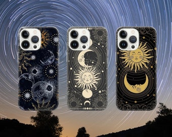 May include: Three phone cases with celestial designs. The cases feature suns, moons, and stars in gold and white against a black background. The cases are for a smartphone.