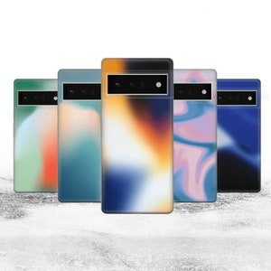 May include: Five smartphone cases arranged in a row, each featuring a unique abstract gradient design. The cases display varied color palettes including green, orange, blue, pink, and dark navy, all with a horizontal black camera bar.