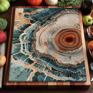 Scandinavian Forest Art Glass Cutting Board, Ancient Tree Ring Print Tray, Nordic Nature Kitchen Decor, Blue & Brown Wood Pattern Platter