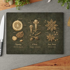 May include: A rectangular chopping board featuring detailed illustrations of nutmeg, cloves, and star anise, with labels. A knife and tomatoes are on the left. The board is dark green with beige illustrations.