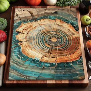 May include: Rectangular wooden cutting board with a unique design resembling a cross-section of a tree trunk. The board features concentric rings in shades of teal, brown, and beige. The board is surrounded by a wooden frame. Fresh produce surrounds the board.