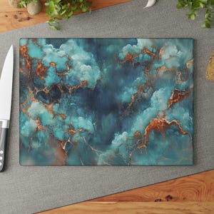 Resin Pour Style Glass Board, Glossy Liquid Art Print, Alcohol Ink Aesthetic, Wet Look Blue and Copper Platter