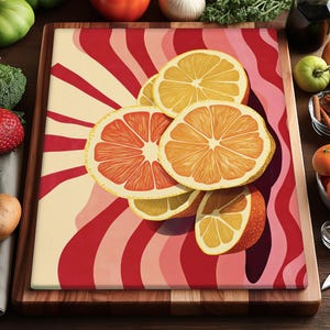May include: A wooden cutting board with a retro design featuring sliced citrus fruits. The board has a cream-colored surface with a red and pink wavy pattern. Sliced oranges, grapefruits, and lemons are arranged on the board. The board is surrounded by fresh produce.