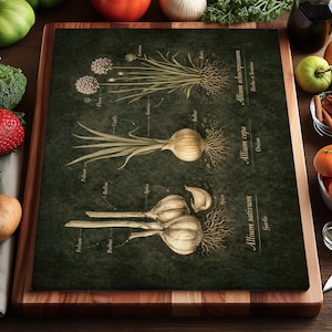 Può includere: Un tagliere verde scuro con illustrazioni botaniche di piante di allium: erba cipollina, cipolla e aglio. La tavola è circondata da prodotti freschi, tra cui pomodori, broccoli e arance. Un vassoio di legno contiene la tavola.
